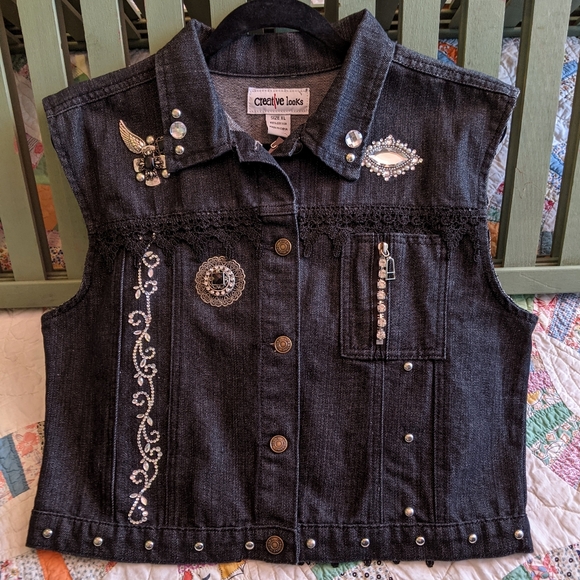 Upcycled Embellished Jean Vest - Picture 1 of 11